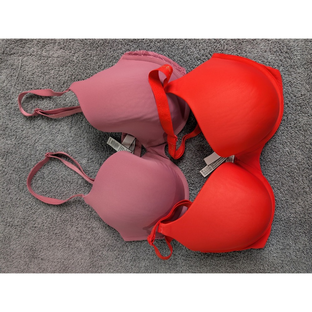 Victoria Secret 34DD Bra Lot 2 Red Pink T-Shirt Lace Full Coverage